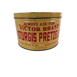 Vintage Sturgis Pretzel Tin 10 Inch Round Victor Brand Reading PA Advertising